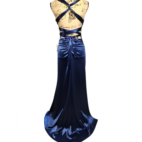B. Darlin Marine Blue Satin Strappy Back Dress - Picture 7 of 10